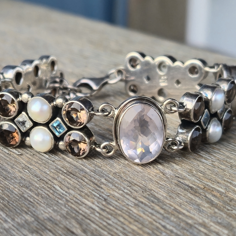 Nicky Butler 925 Sterling Silver Designer Rose Quartz Blue Topaz 8" Bracelet NB